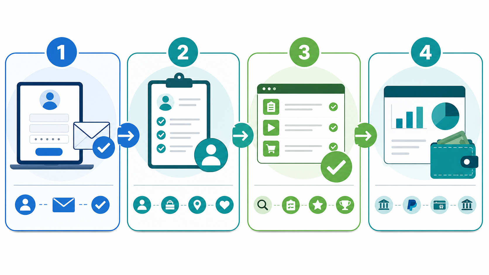 Four-step guide to creating an account, completing a survey profile, choosing tasks and reviewing rewards
