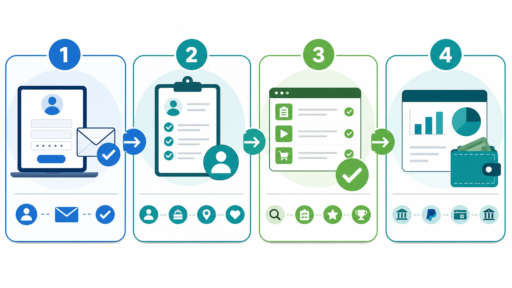 Four-step guide to creating an account, completing a survey profile, choosing tasks and reviewing rewards