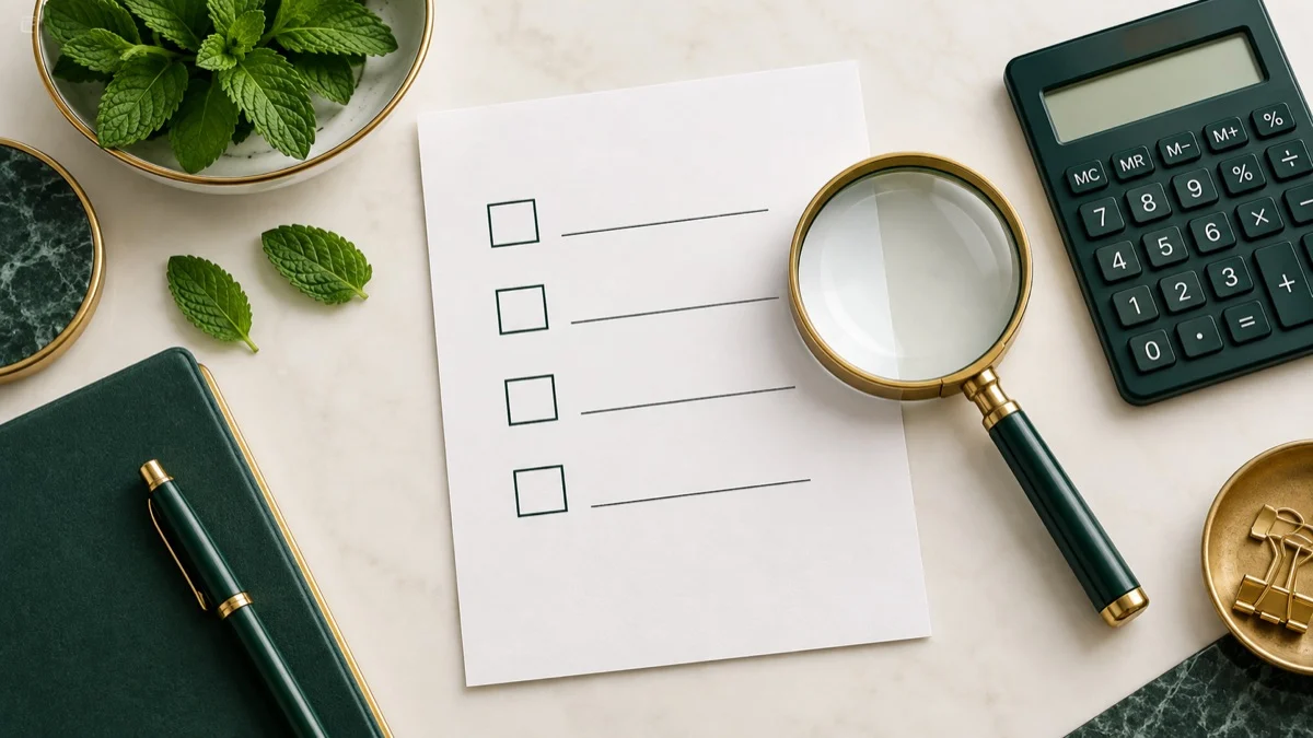 Object-only buying checklist with magnifying glass, calculator, notebook and peppermint leaves