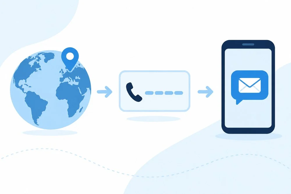 Illustration of choosing a country, selecting a virtual number and receiving an SMS