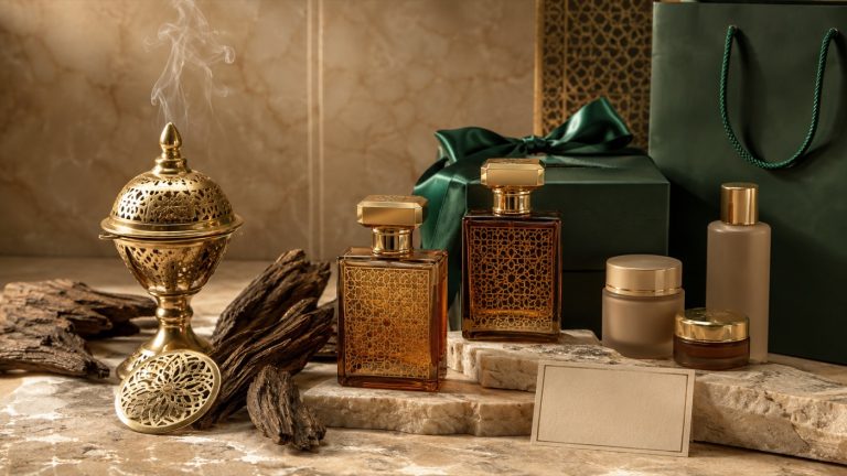 زجاجات عطر وعود ومنتجات عناية مع هدايا موسمية دون أشخاص