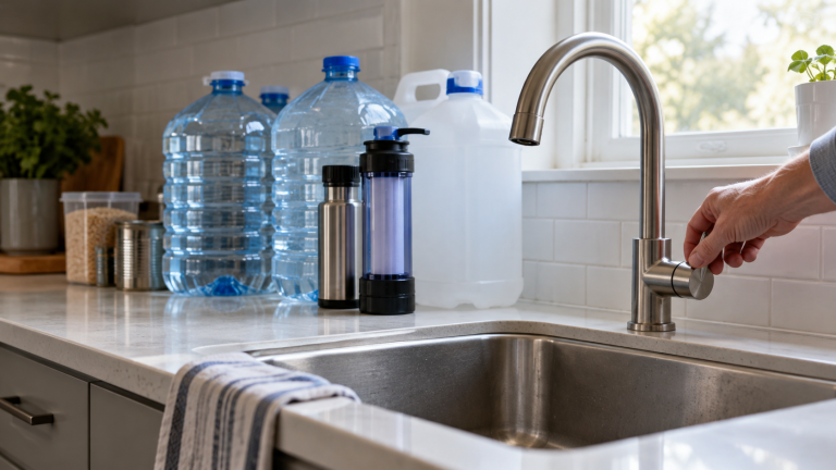 Emergency water storage containers beside a dry kitchen tap