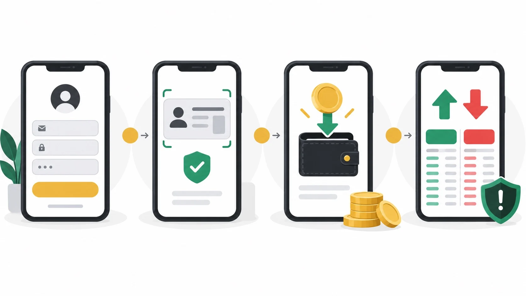 Four illustrated stages: create an account, verify identity, fund a wallet, and review a trade